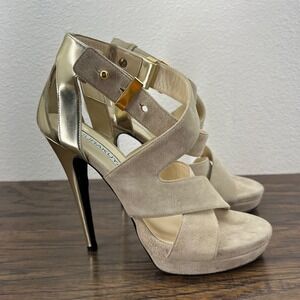 Burak Uyan Burakuyan Womens 37 US 7 Beige Gold Suede Leather Platform Heels